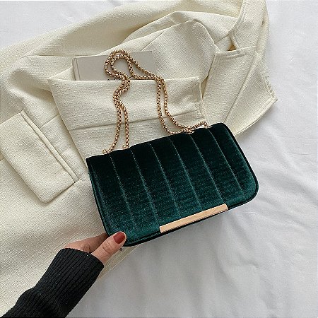 Bolsa Tiracolo - Cor Verde, Tecido Aveludado - Modelo Mia