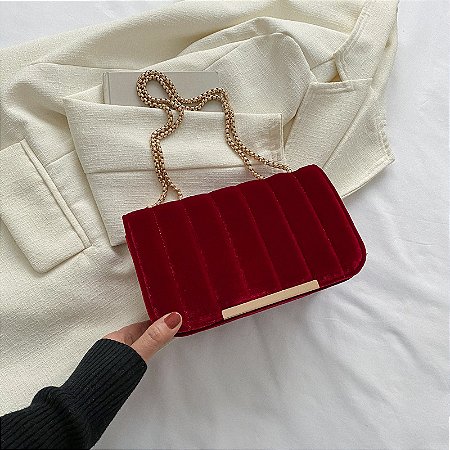 Bolsa Tiracolo - Cor Vermelho, Tecido Aveludado - Modelo Mia