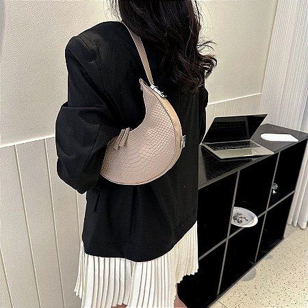 Bolsa Baguette Canoa - Cor Bege, Couro Sintético - Modelo Roberta