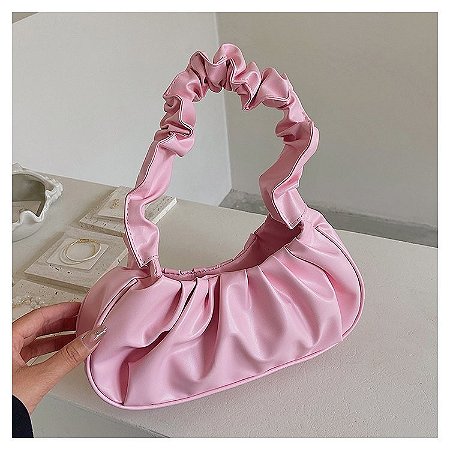 Bolsa Baguette Pregueada - Cor Rosa, Couro Sintético - Modelo Vicky