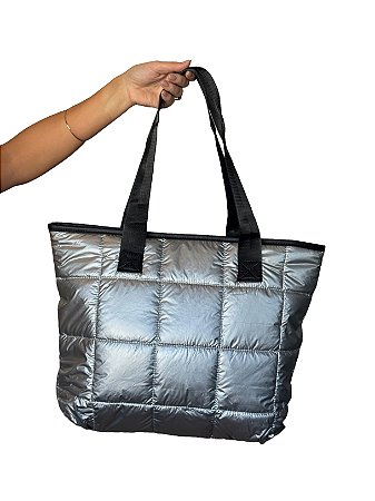 Bolsa Tote Puffer - Cor Prata, Poliéster - Modelo Sarah