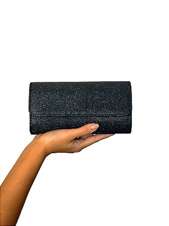 Bolsa de festa Clutch - Cor Preto, Couro Sintético brilhante - Modelo Lara