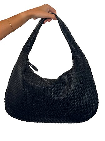 Bolsa de ombro meia-lua - Cor Preto, Couro Sintético trançado - Modelo Adele