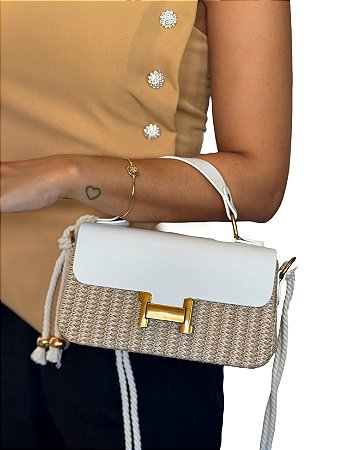 Bolsa Transversal - Cor Branco, Palha sintética - Modelo Gisela
