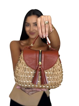 Bolsa Transversal - Cor Marrom claro, Palha sintética - Modelo Jade
