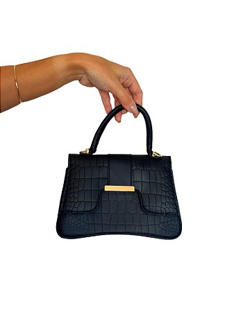 Bolsa Tiracolo Transversal Croco - Cor Preto, Couro Sintético - Modelo Cecilia