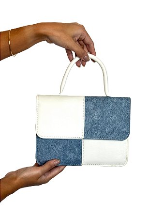 Bolsa Quadrada Jeans - Cor Branco, Couro Sintético - Modelo Ester