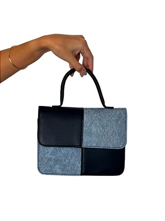 Bolsa Quadrada Jeans - Cor Preto, Couro Sintético - Modelo Ester