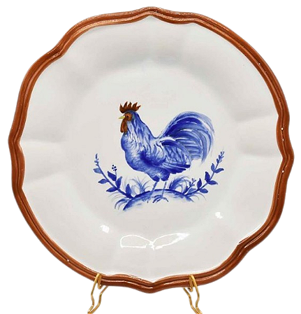 PRATO DE SOBREMESA CASUAL BRANCO COM DESENHO GALO AZUL E BORDA TERRACOTA