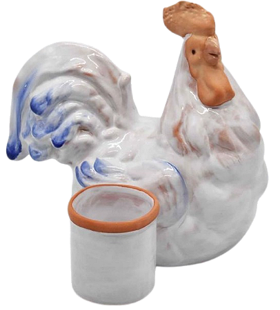 Galo com vaso do lado terracota azul e branco