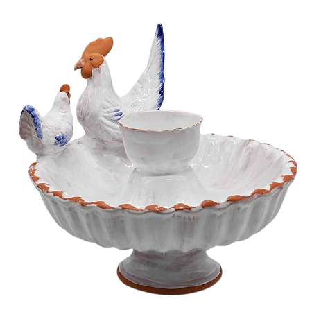 Fonte de galo e galinha terracota azul e branco