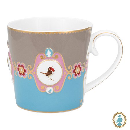 Caneca Grande Medallion Azul/Cáqui - Love Birds