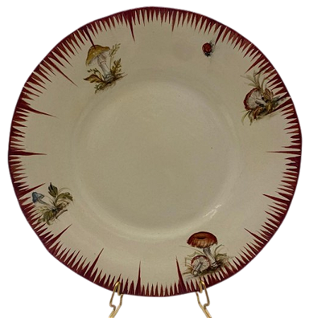 PRATO RASO AMASSADO PINCELADO VERMELHO E DESENHO DE COGUMELO