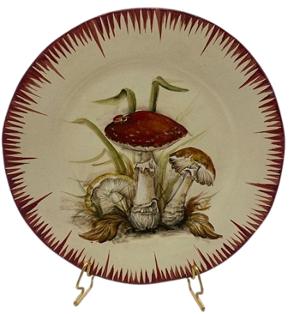 PRATO SOBREMESA AMASSADO PINCELADO VERMELHO E DESENHO DE COGUMELO