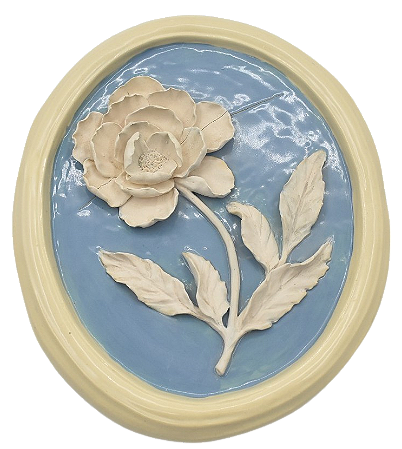 QUADRO OVAL FUNDO AZUL COM HIBISCO LADO ESQUERDO