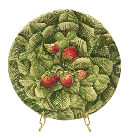 PRATO SOBREMESA COM RELEVO DE FOLHAS E MORANGO