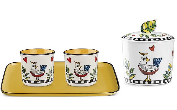 SET BANDEJA/2 COPOS ESPRESSO/ACUCAREIRO AMARELO COCORICO