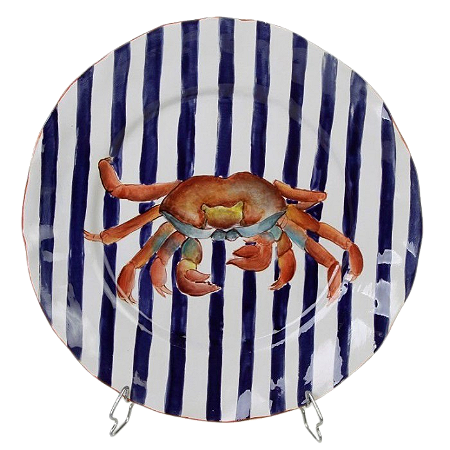 PRATO SOBREMESA AMASSADO C/LISTRAS AZUL COBALTO E DESENHO DE CARANGUEJO
