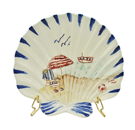 PRATO SOBREMESA DECORATIVO DE CONCHA COM CADEIRA PRAIA E GUARDA SOL