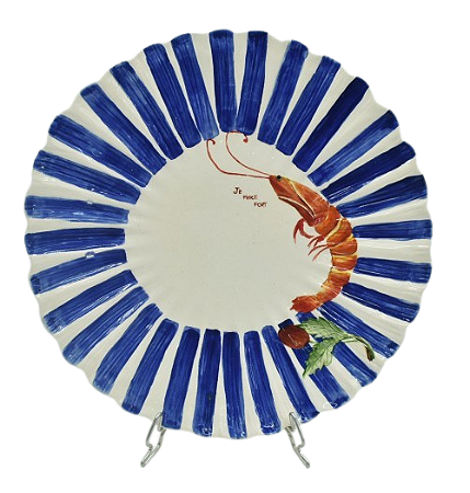 PRATO RASO MAR DECORATIVO COM LISTRA AZUL COM BORDA E CAMARÃO