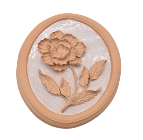 Quadro oval terracota com aplicação peônia esquerda