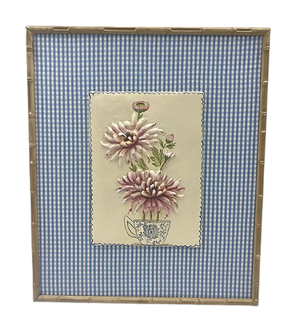 QUADRO COM RELEVO DE CRISÂNTEMO E PASPATUR TECIDO AZUL