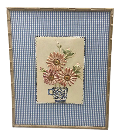 QUADRO COM RELEVO DE MARGARIDAS COLORIDAS E PASPATUR TECIDO AZUL