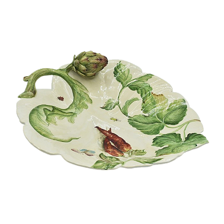 BANDEJA FOLHA DECORATIVA M RASA COM APLICAÇÃO DE ALCACHOFRA
