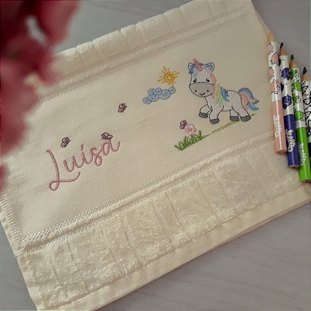 Toalha de Lavabo Escolar Marfim Personalizada Unicórnio com Nome