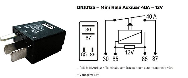 MINI RELE AUXILIAR 4 PINOS BOMBA 12V DNI0125 UNID.