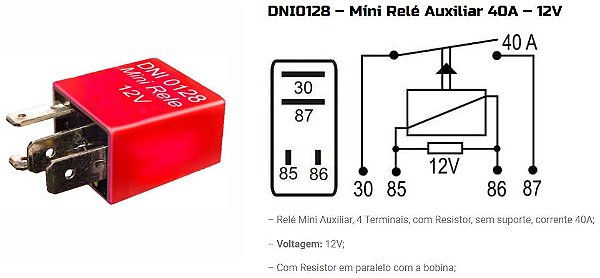 RELE AUXILIAR 30A CORSA/PALIO/MAREA/BRAVA 4 PINOS DNI0128 UNID.