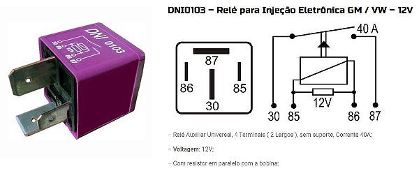 RELE AUXILIAR BOMBA E VALVULA INJ. GM 4 TERM. 4 PINOS DNI0103 UNID.