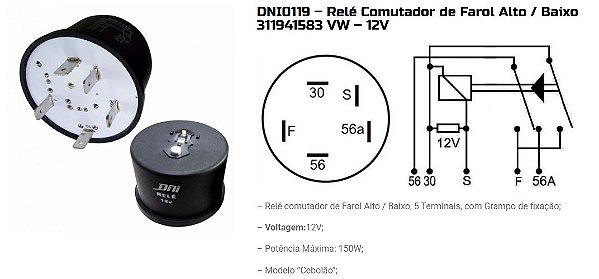 RELE FAROL ALTO/BAIXO FUSCA/BRASILIA/KOMBI/ 5 PINOS DNI0119 UNID.