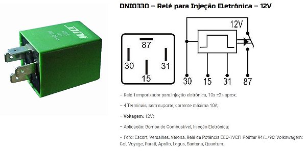 RELE INJEÇÃO BOMBA ELETRICA COMBUSTIVEL VW/FORD 4 PINOS DNI0330 UNID.
