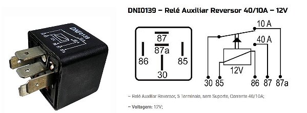 RELE REVERSOR S/SUPORTE 40/10A 5 PINOS DNI0139 UNID.