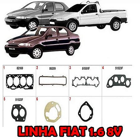 KIT JUNTA CABEÇOTE TAMPA VALVULA COLETOR ADMISSÃO CARTER RETENTOR UNO/PREMIO/ELBA/FIORINO 89/95 1.6 8V TIPO 93/97 1.6 8V PALIO/SIENA/STRADA 97/99 1.6 8V 89 90 91 92 93 94 95 96 97 98 99 (JTA. CABECOTE PADRÃO) 79554