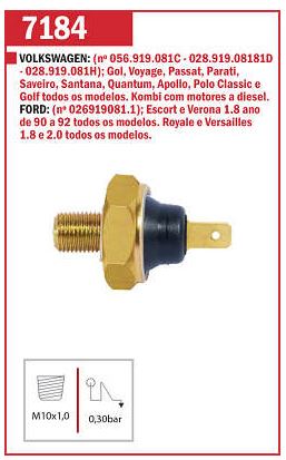 CEBOLINHA ÓLEO INTERRUPTOR SENSOR ESCORT 90/92 ROYALE VERONA 90/92 VERSAILLES 1.8/2.0 JAC MOTORS J2/J3 IBIZA CORDOBA APOLLO GOL PARATI SAVEIRO VOYAGE 88/95 QUADRADO QUADRADA KOMBI PASSAT POLO CLASSIC QUANTUM SANTANA 88 89 90 91 92 93 94 95 96 97 98 M7184