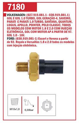 CEBOLINHA ÓLEO INTERRUPTOR SENSOR ESCORT 1.0/1.8 92/02 ROYALE 1.8/2.0 VERONA 1.8/2.0 8V VERSAILLES 1.8/2.0 91/96 GOL 1.0/1.6/1.8 99/05 LOGUS 1.8/2.0 94/96 2.0 8V PARATI 1.6/1.8 8V 96/05 POINTER 1.8/2.0 8V 94/96 92 93 94 95 96 97 98 99 00 01 02 M7180/13013/D22131/RH3372