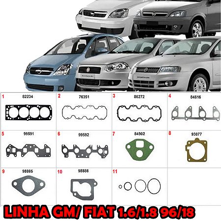 KIT JUNTA CABEÇOTE TAMPA VALVULA COLETOR ADMISSÃO CARTER RETENTOR COBALT 15/22 1.8 8V CORSA 96/03 1.6 8V CORSA 03/10 1.8 8V MERIVA 05/12 1.8 8V MONTANA 05/12 1.8 8V SPIN 14/20 1.8 8V DOBLO 06/12 1.8 8V IDEA 08/12 1.8 8V PALIO/SIENA 03/10 1.8 8V PUNTO 07/10 1.8 8V STILO 02/10 1.8 8V 02 03 04 05 06 07 08 09 10 11 12 (JTA. CABECOTE PADRÃO) 79521