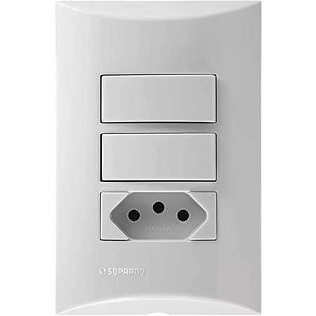 CONJUNTO 2 INTERRUPTORES SIMPLES 10AX + 1 TOMADA 2P+T 10A 250V - BRANCO - BRAVA |SOPRANO
