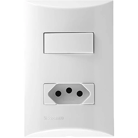 CONJUNTO  1 INTERRUPTOR SIMPLES 10AX + 1 TOMADA 2P+T 10A 250V - BRANCO - BRAVA | SOPRANO