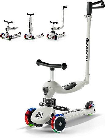 Scooter Cooghi Kids 3-1 com Barra de Empurrar Ajustável Scooter com Assento 3 Rodas de 1 a 5 anos Cinza