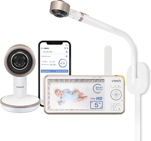 Babá Eletrônica Vtech VC2105 Montagem na Parede e Suporte Móvel-  V-Care 1080p Over-the-Crib WiFi Smart Baby Monitor com 5" 720p HD LCD Screen, Inteligência Artificial, Análise do Sono, Luz Noturna, Rollover e Detecção de Cobertura Facial