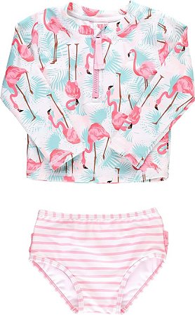 Biquíni Menina RuffleButts Manga Comprida Proteção Solar FPS 50+ Flamingo Rosa
