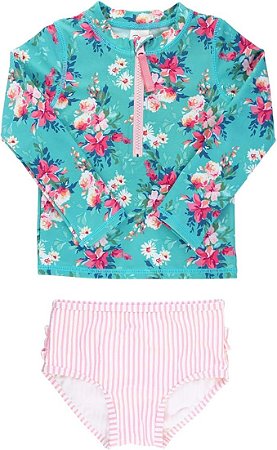 Biquíni Menina RuffleButts Manga Comprida Proteção Solar FPS 50+ Azul/Rosa