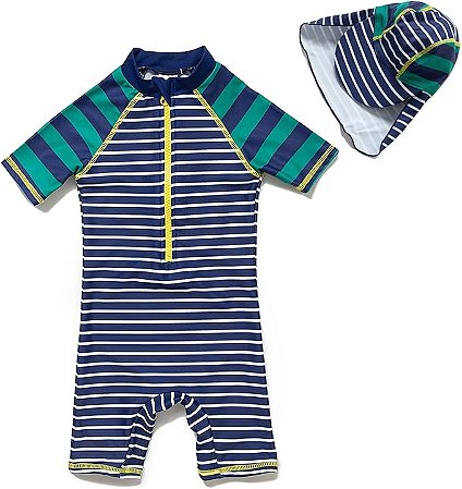 Macacão e Chapéu UV FPS 50+ Mazuliso com Proteção Solar Listrado