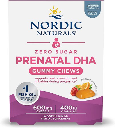 Nordic Naturals Pre Natal Ômega 3 600mg, 400IU + Vitamina D3 Zero Sugar DHA Gomas de vitamina pré-natal, Morango e Laranja 27 gomas