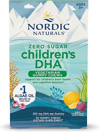 Nordic Naturals Ômega 3 Vegano para Crianças +3 250mg DHA Zero Sugar DHA - 30 Gummy Maracujá Sabor Limão  Óleo de Algas Vegano Suplemento Ômega-3