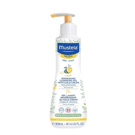 Mustela Baby Gel de Limpeza Nutritivo - Sabonete Líquido para Cabelo e Corpo para Pele Seca - com Abacate Natural, Creme Frio e Cera de Abelha 300ml