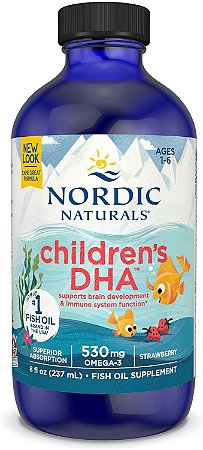 Ômega 3 Nordic Naturals DHA infantil, Morango 530 mg com EPA e DHA - Desenvolvimento e função cerebral 237ml